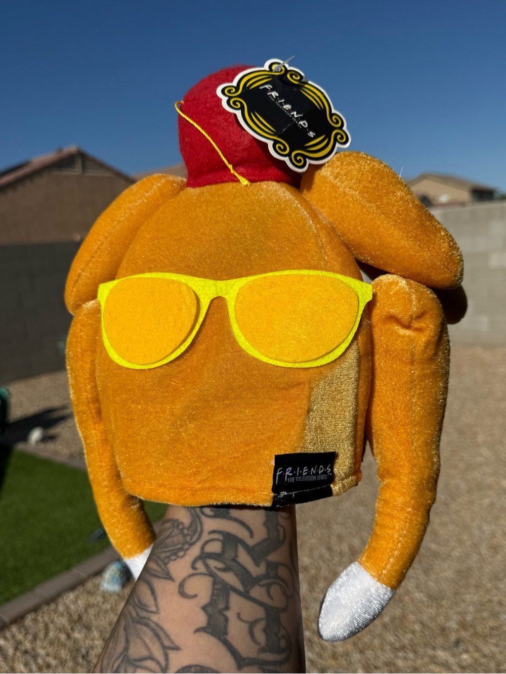 Friends TV Show Plush Turkey Hat in Golden Orange with Sunglasses
